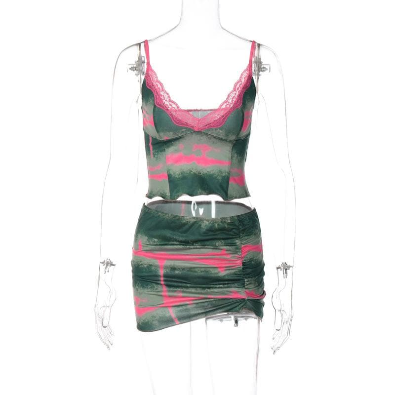 Completo minigonna con scollo a V e orlo in pizzo tie-dye e arricciato
