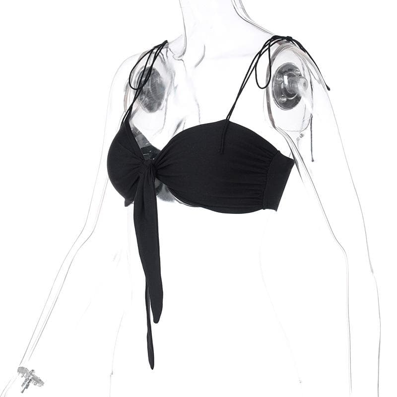 Rückenfreies Crop-Top mit geknoteten, ausgehöhlten Spaghettiträgern und selbst zu bindendem Saum