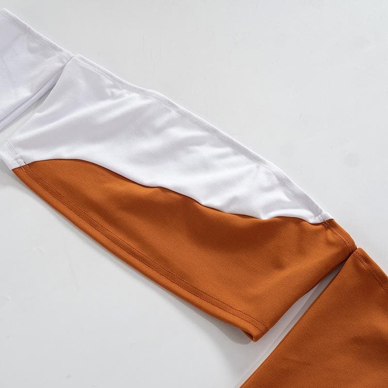 Minigonna a maniche lunghe con spalle scoperte e schiena scoperta, patchwork a contrasto