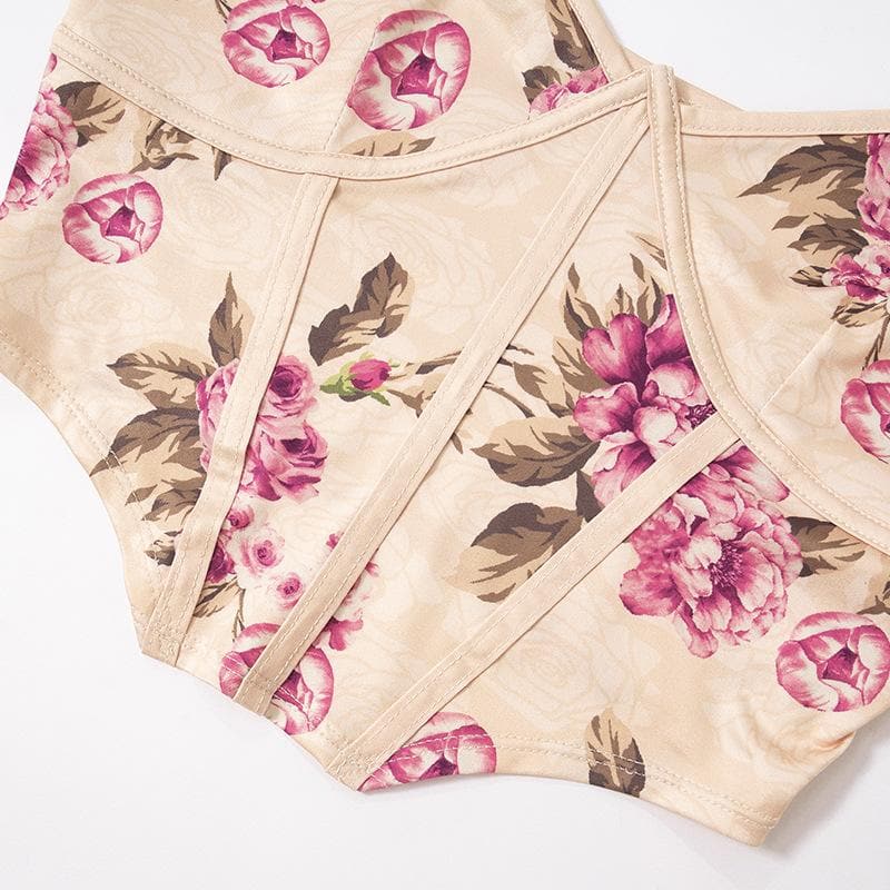 Completo gonna lunga con spacco sul retro, corsetto a contrasto e stampa floreale