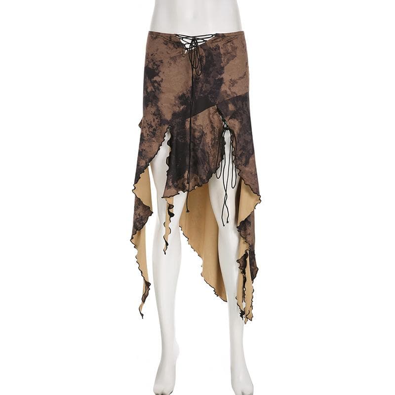Gonna midi a vita bassa con lacci a contrasto, spacchi irregolari e tie-dye