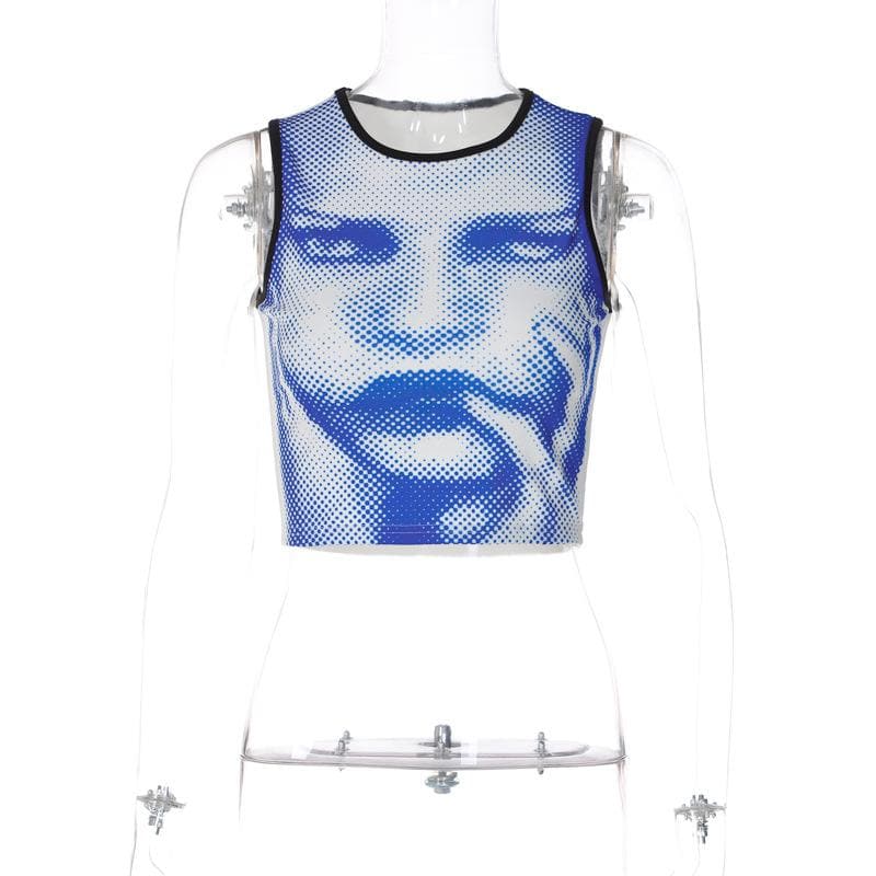 Ärmelloses Crop-Top mit Rundhalsausschnitt und abstraktem Print in Kontrastfarbe