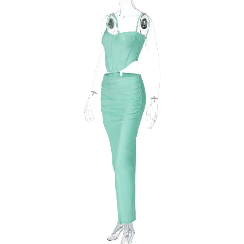 Completo abito lungo con scollo a V, spacco sul retro, corsetto solido e arricciato
