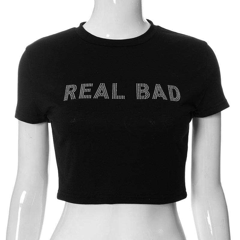 Top corto con perline e scollo a giro a maniche corte "REAL BAD"