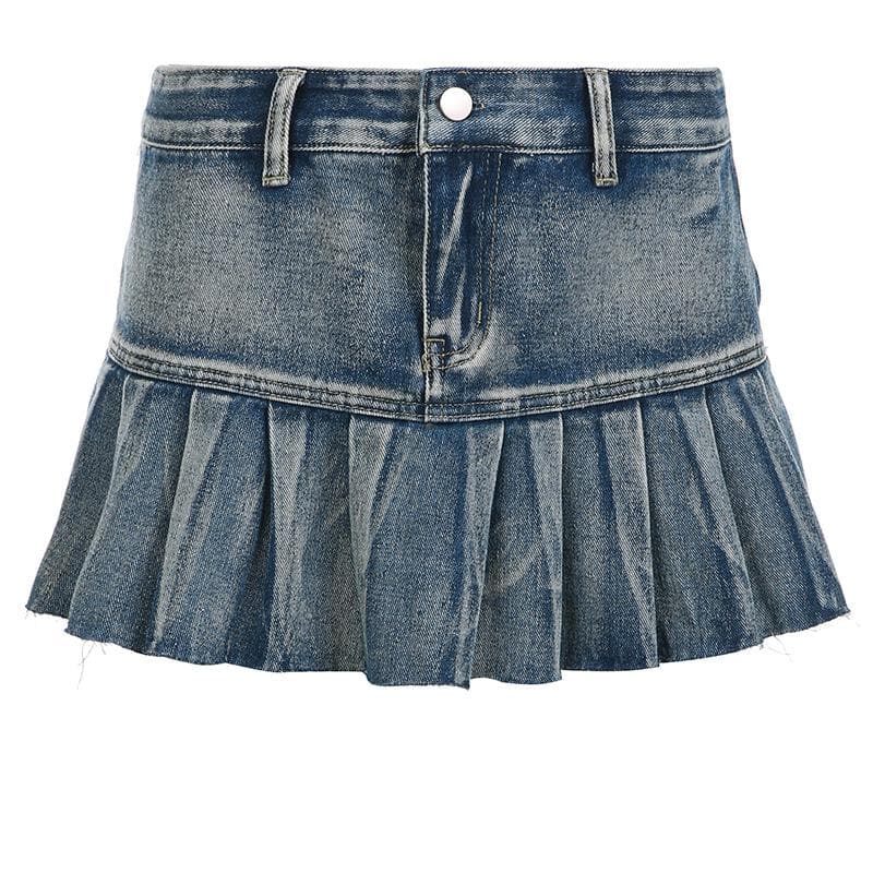 Minigonna in denim a trapezio con orlo grezzo e vita bassa plissettata