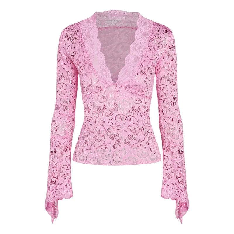Top trasparente in pizzo con scollo a V e maniche svasate