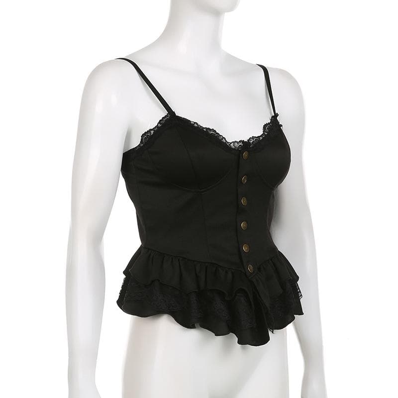 Rückenfreies Camisole-Oberteil mit Spitzensaum, Knopfleiste, V-Ausschnitt und Rüschen