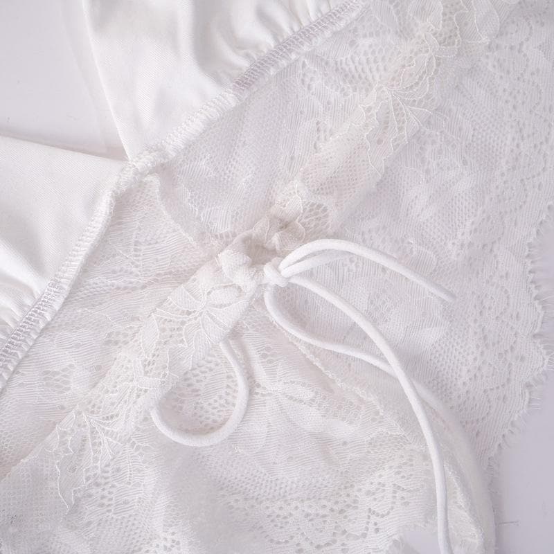 Top corto con laccetti allacciati alla schiena e scollo a V in patchwork di pizzo