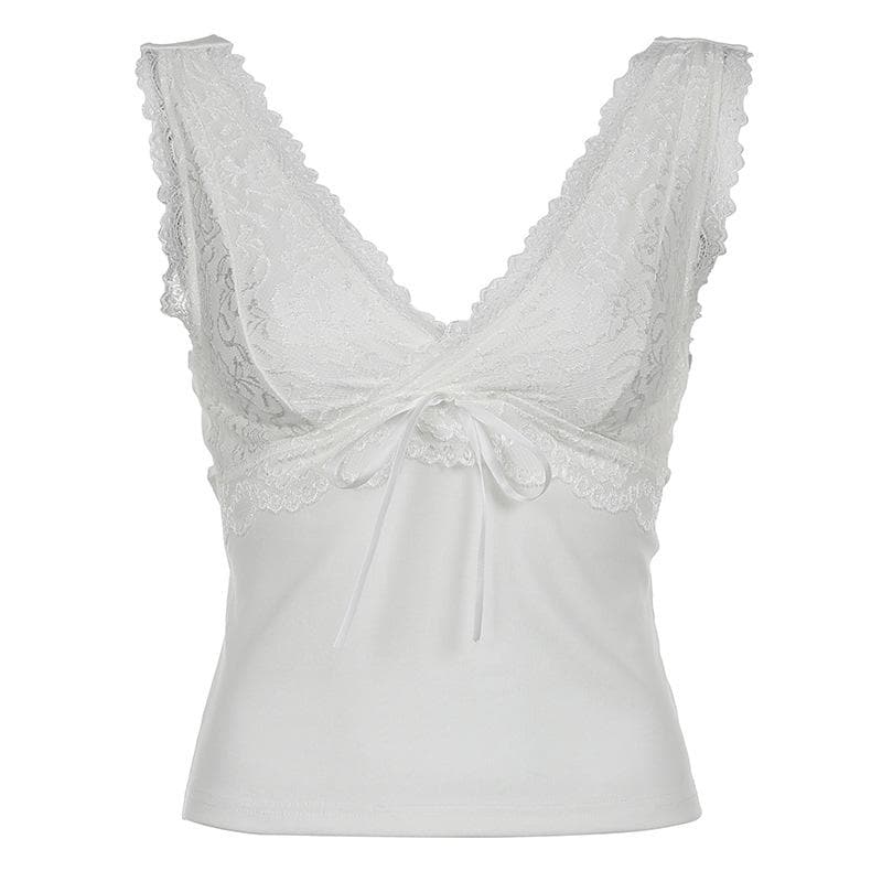 Top senza maniche con laccetti e scollo a V in patchwork di pizzo