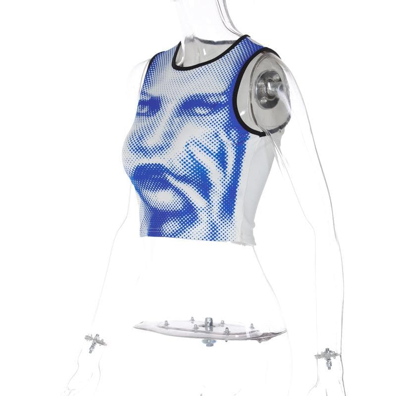 Ärmelloses Crop-Top mit Rundhalsausschnitt und abstraktem Print in Kontrastfarbe