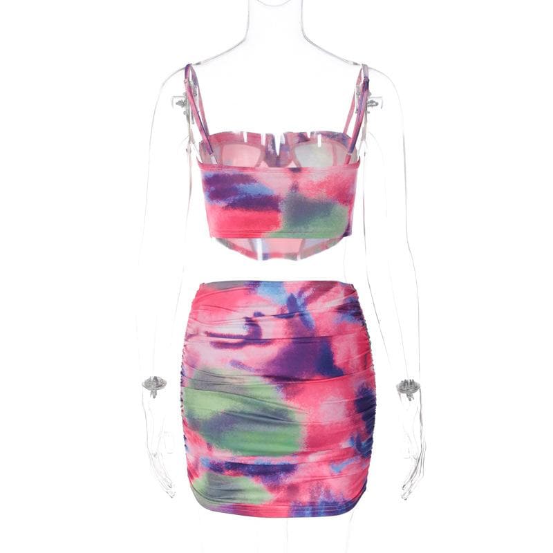 Completo minigonna con corsetto e canotta senza schienale, scollo a V, tie-dye a contrasto arricciato