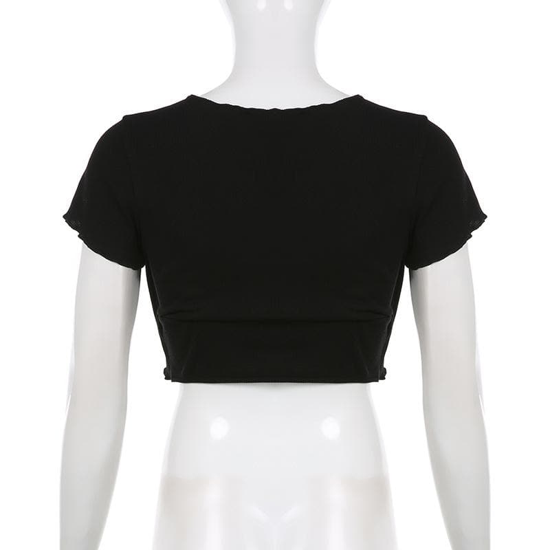 Top corto in pizzo a maniche corte con volant e patchwork a contrasto