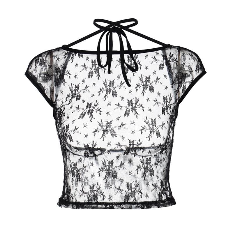 Rückenfreies, durchsichtiges Crop-Top aus Spitze mit Neckholder und Flügelärmeln