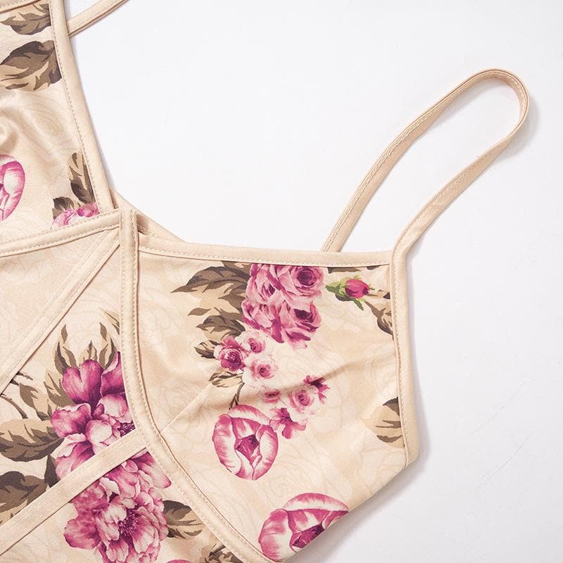 Completo gonna lunga con spacco sul retro, corsetto a contrasto e stampa floreale