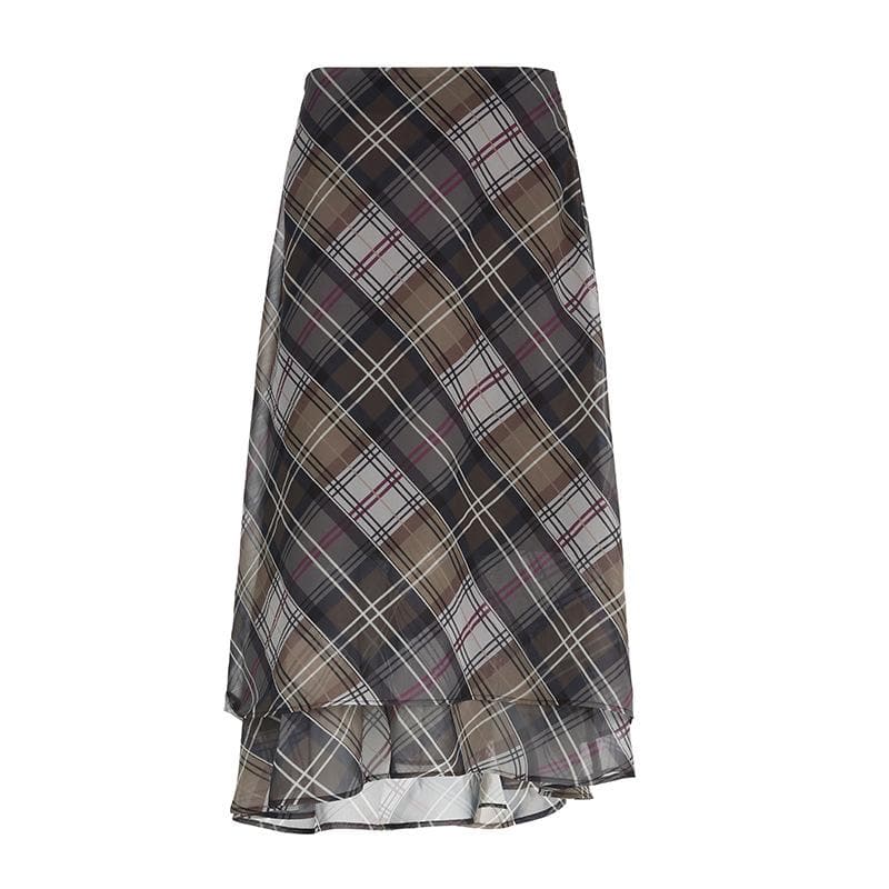 Gonna midi a vita bassa in chiffon con volant a contrasto e cerniera