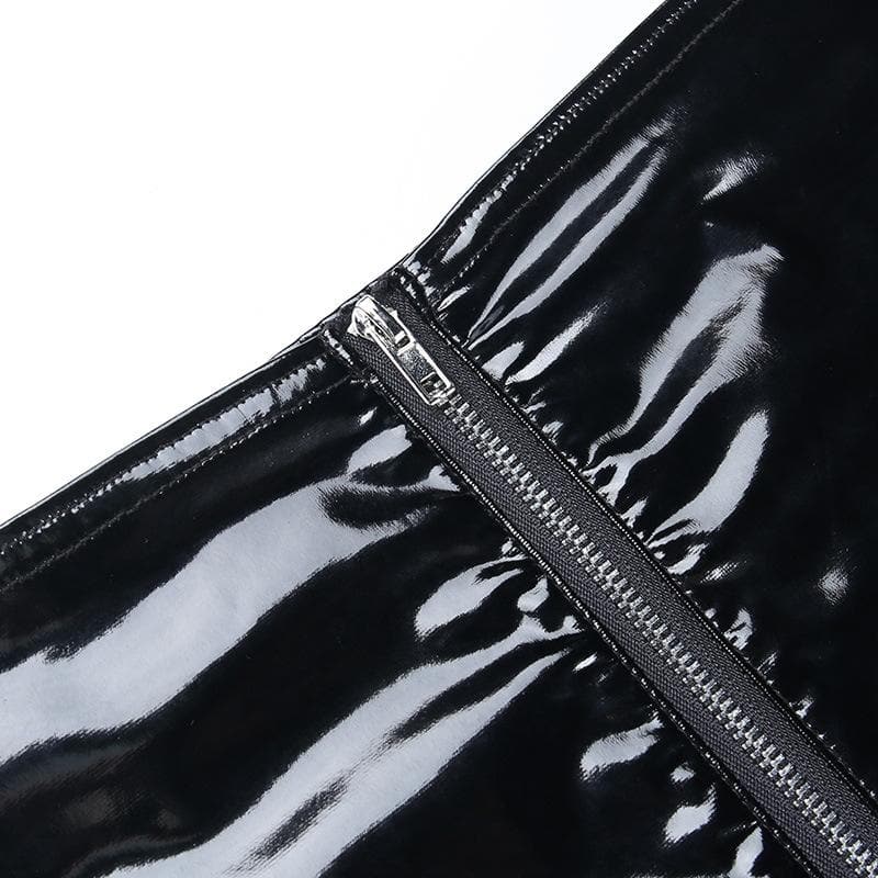 Gonna midi in pelle PU con patchwork, lacci in catena di metallo, fessura e cerniera