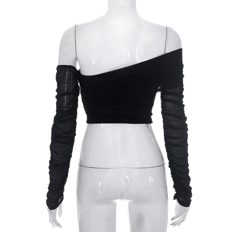 Top corto irregolare a maniche lunghe con spalle scoperte e maglia solida