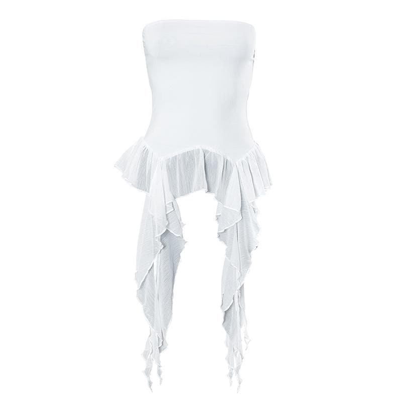 Top a tubino con volant in chiffon patchwork e schiena scoperta con nastri