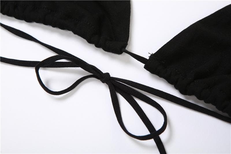 Top corto in 2 pezzi con spalline sottili e laccetti sulla schiena, in rete solida e traforata