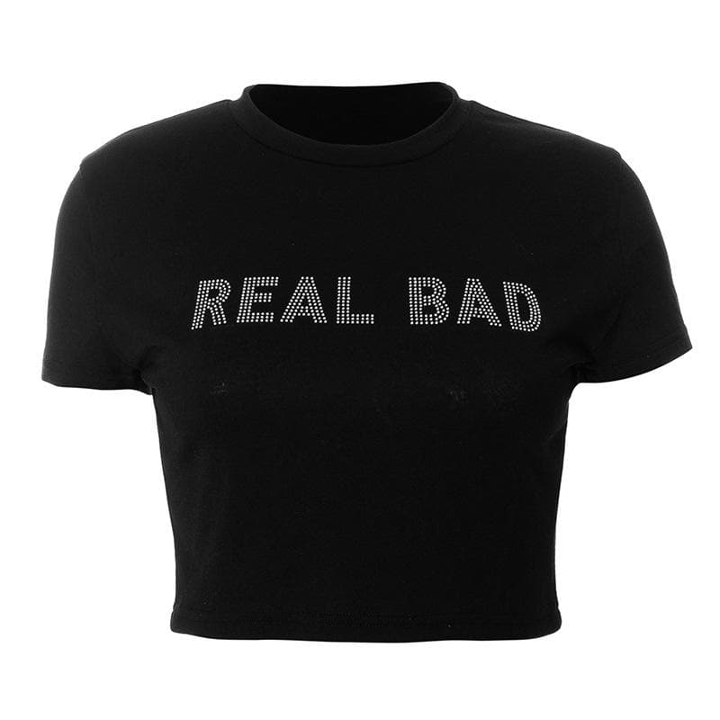 Top corto con perline e scollo a giro a maniche corte "REAL BAD"