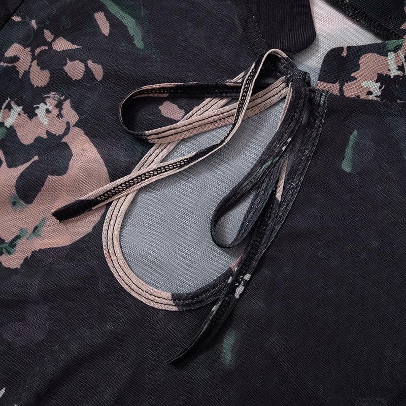 Completo gonna lunga a maniche corte con spacchi traforati e tie-dye in rete trasparente