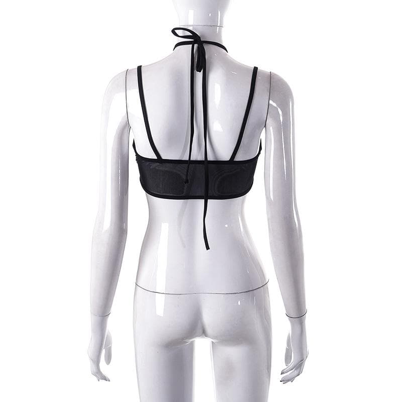 Top corto in rete con scollo a V, senza schienale, in patchwork e con anello a O