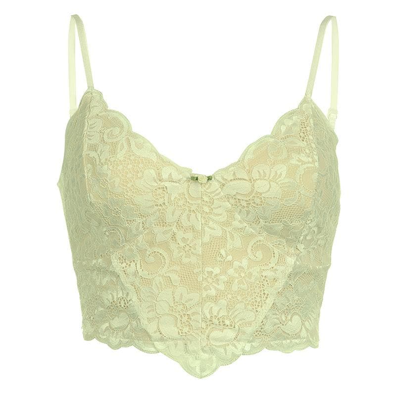 Rückenfreies, kurzes Camisole-Top aus Spitze mit V-Ausschnitt und Blumenapplikation in Kontrastfarbe