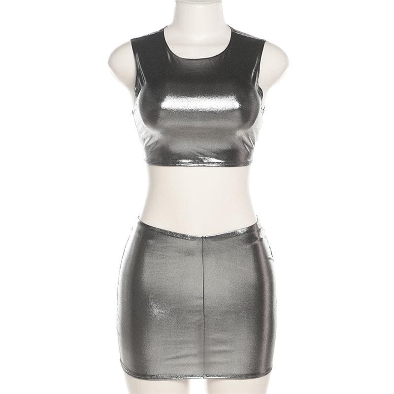 Minigonna metallizzata senza maniche con scollo rotondo