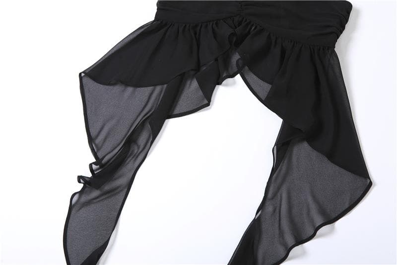 Top corto in chiffon con volant, arricciatura, schiena scoperta e bottoni