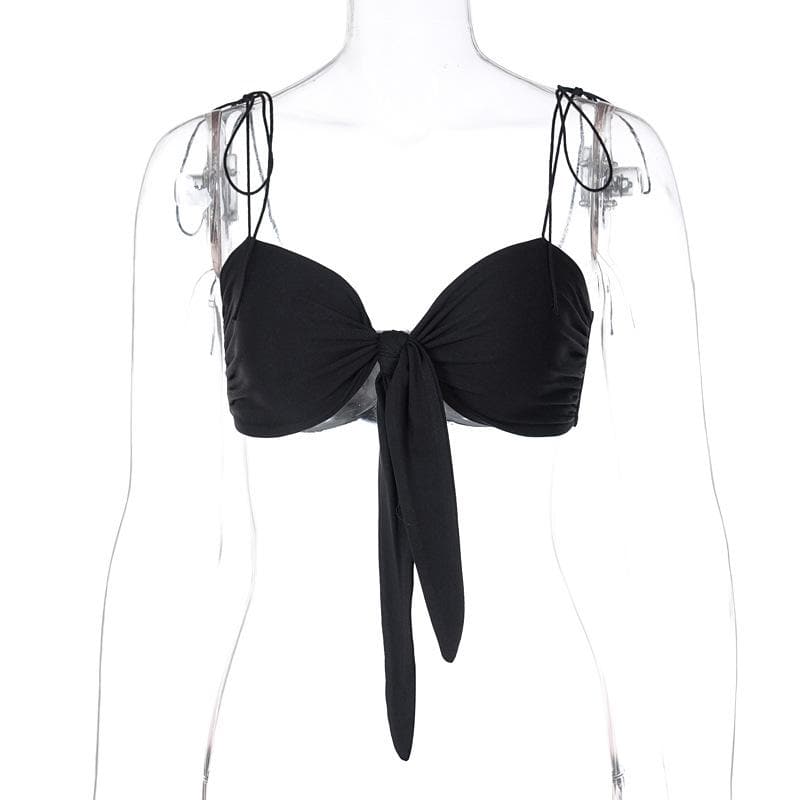 Rückenfreies Crop-Top mit geknoteten, ausgehöhlten Spaghettiträgern und selbst zu bindendem Saum