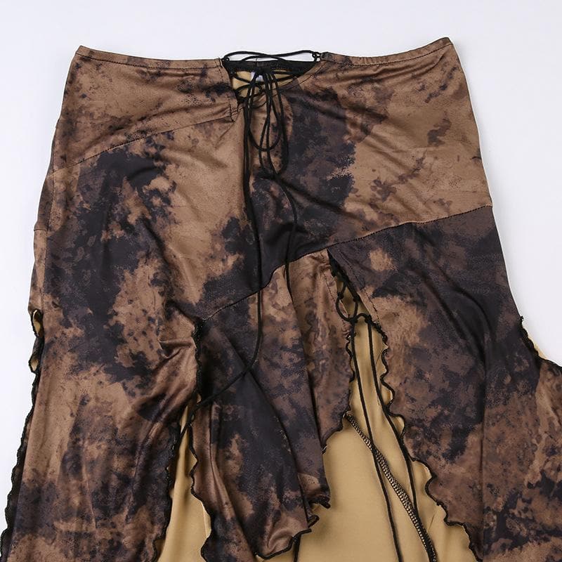 Gonna midi a vita bassa con lacci a contrasto, spacchi irregolari e tie-dye