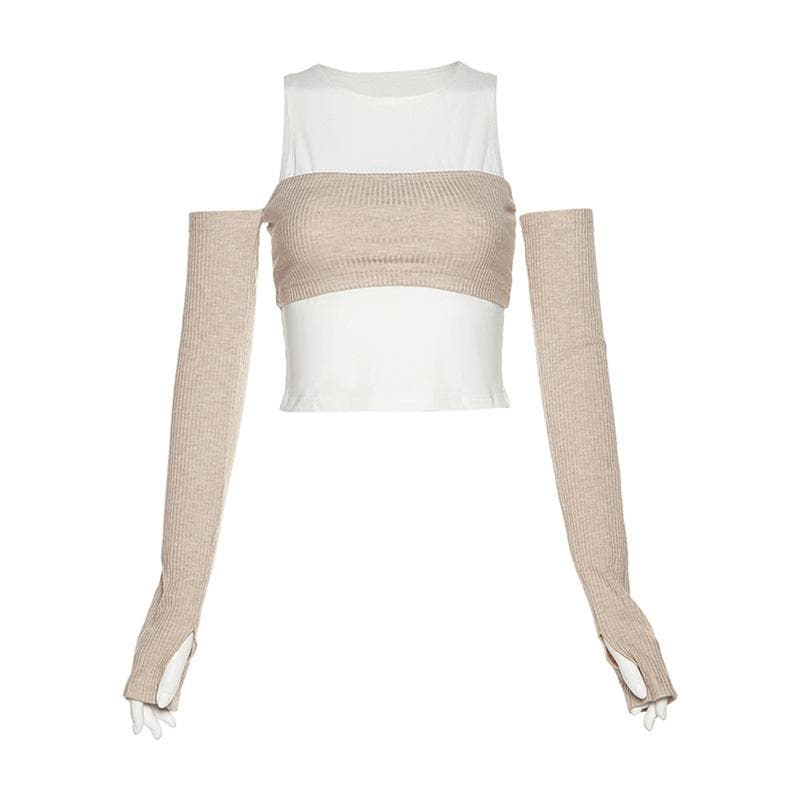 Top corto in due pezzi con scollo a giro e spalle scoperte a contrasto