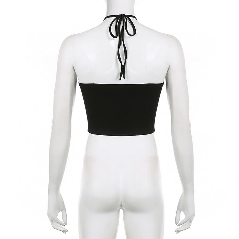 Top corsetto con schiena scoperta e allacciatura a collo alto con applicazioni floreali