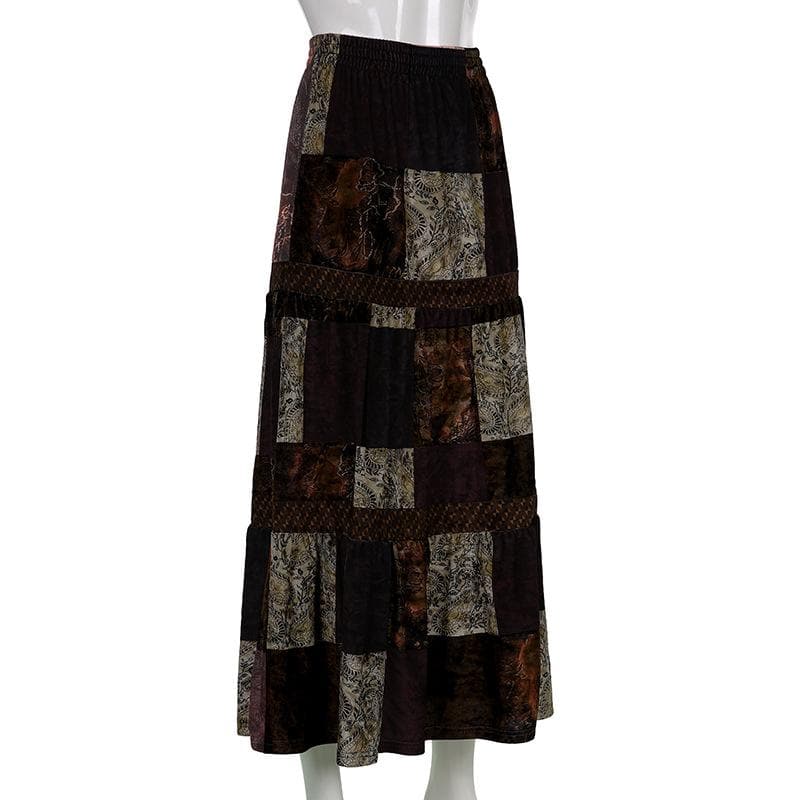 Gonna lunga a vita media con arricciature a contrasto patchwork