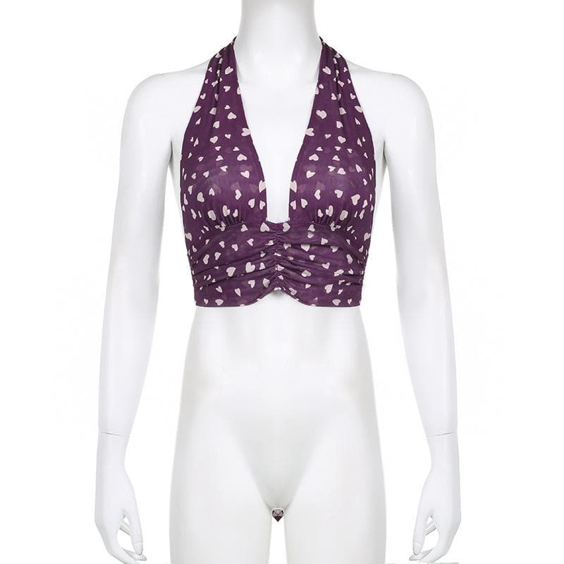 Top corto con stampa a cuore arricciata, scollo a V a contrasto e allacciatura all'americana