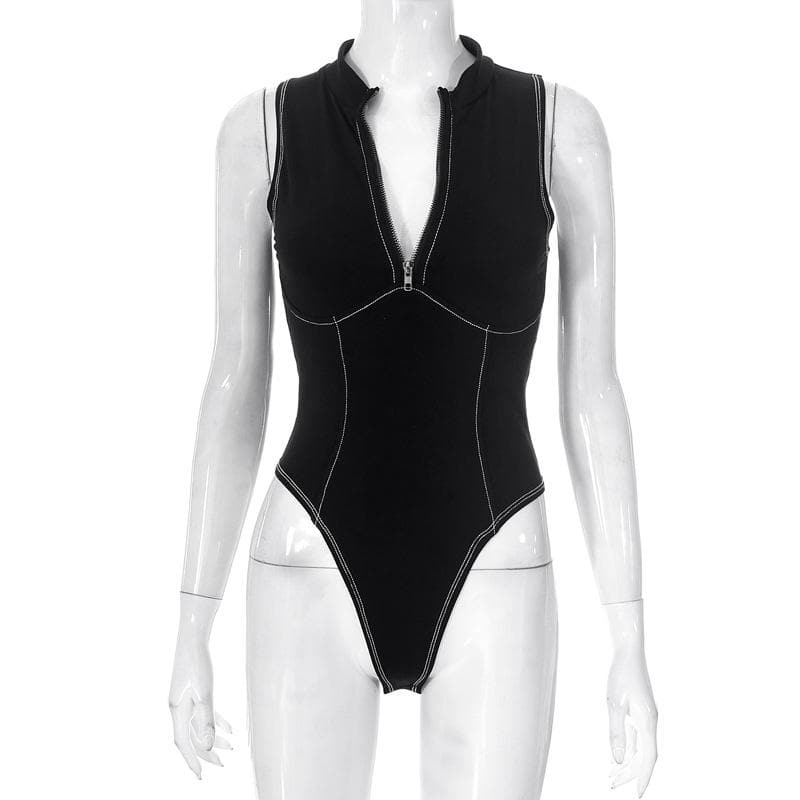 Body senza maniche con scollo a V a contrasto e cerniera cucita