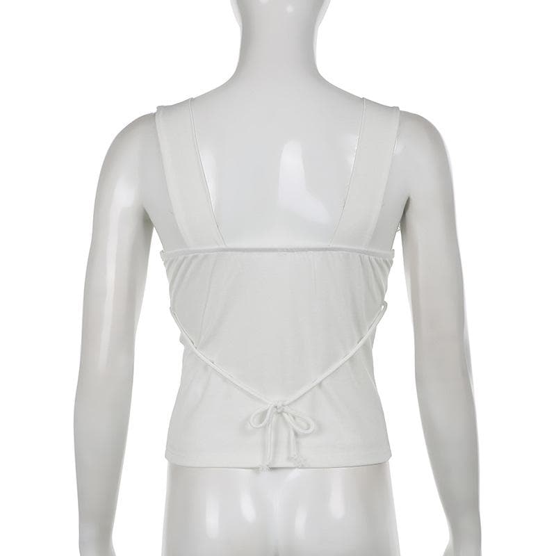 Top senza maniche con laccetti e scollo a V in patchwork di pizzo