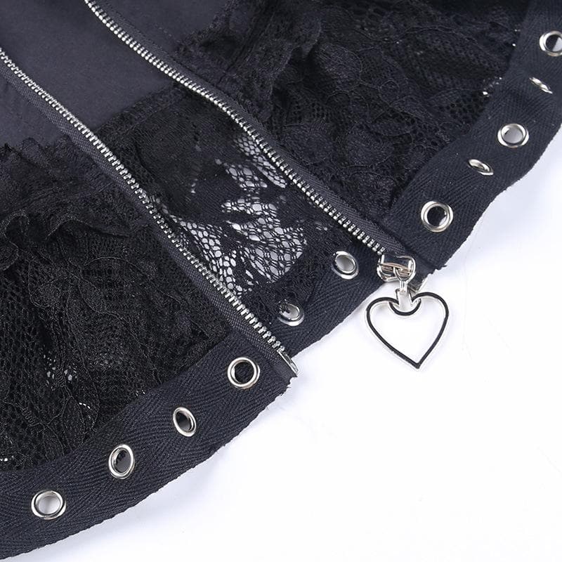 Minigonna con volant in pizzo patchwork con cerniera e lacci