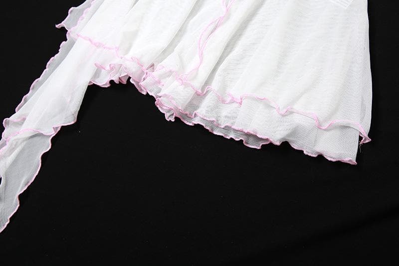 Minigonna patchwork con volant in rete, scollo a U irregolare, schiena nuda, fiocco e canotta