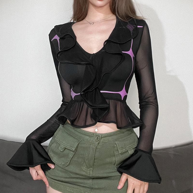 Top corto a maniche lunghe con scollo a V e volant a contrasto in rete