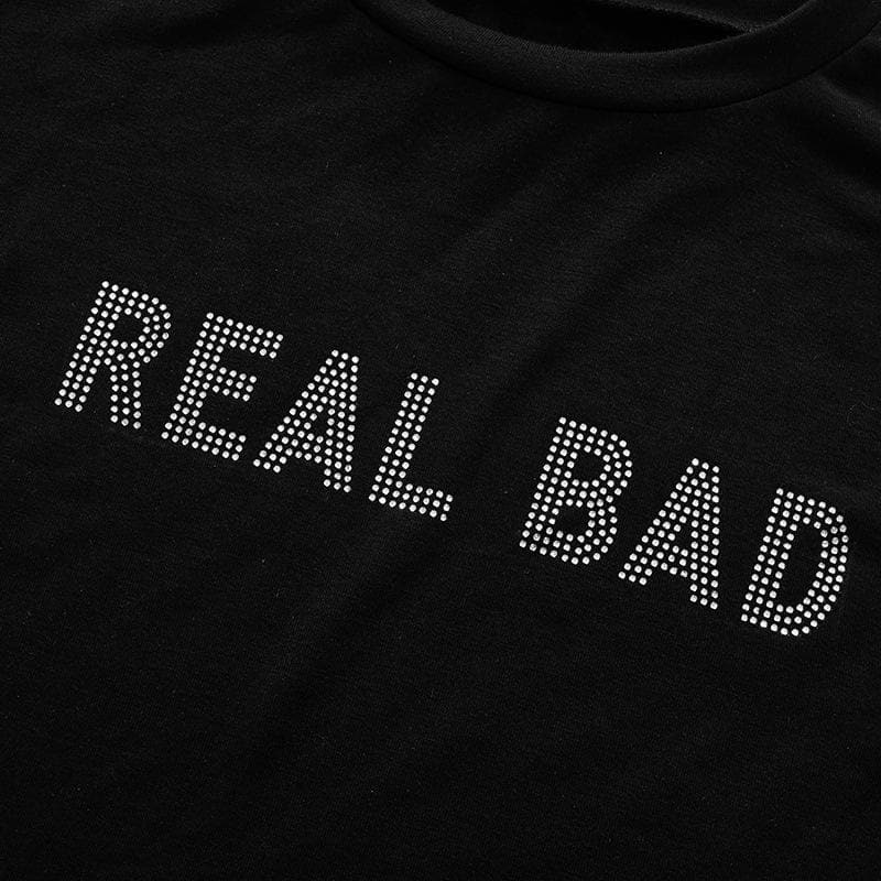 Top corto con perline e scollo a giro a maniche corte "REAL BAD"