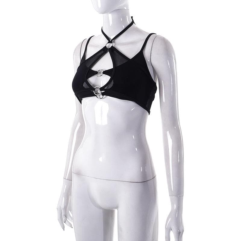 Top corto in rete con scollo a V, senza schienale, in patchwork e con anello a O