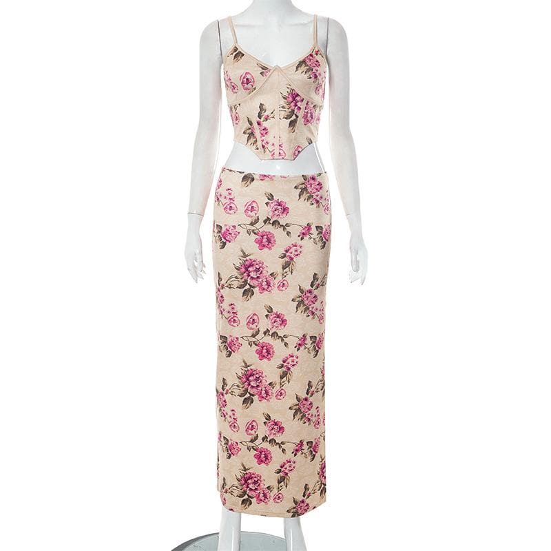 Completo gonna lunga con spacco sul retro, corsetto a contrasto e stampa floreale