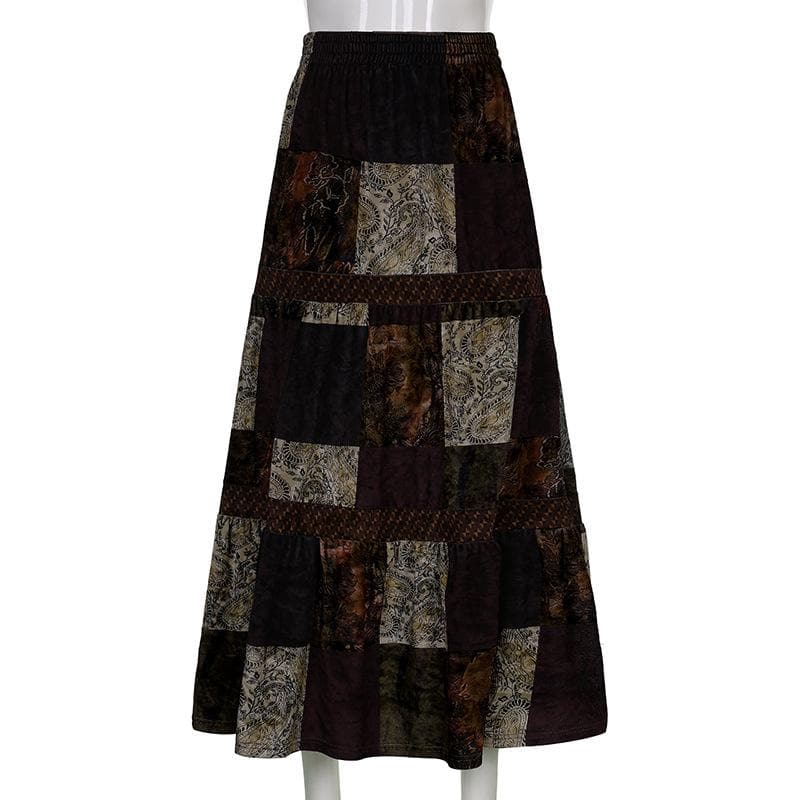 Gonna lunga a vita media con arricciature a contrasto patchwork
