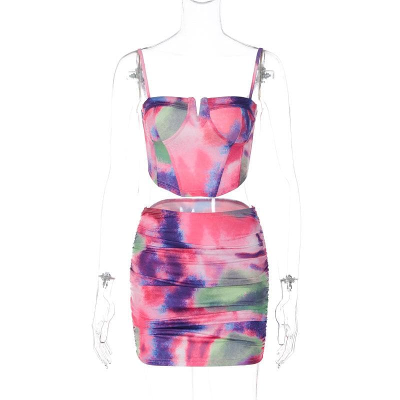 Completo minigonna con corsetto e canotta senza schienale, scollo a V, tie-dye a contrasto arricciato