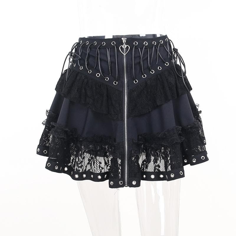 Minigonna con volant in pizzo patchwork con cerniera e lacci