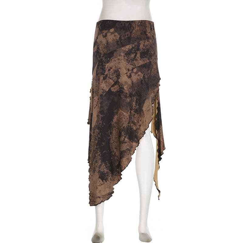 Gonna midi a vita bassa con lacci a contrasto, spacchi irregolari e tie-dye