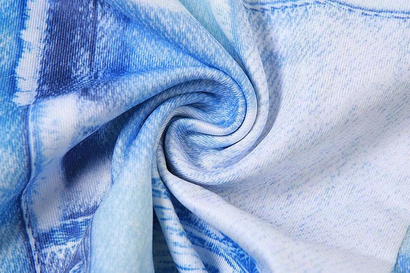 Minigonna con lacci e volant a contrasto, stampa denim, allacciatura irregolare