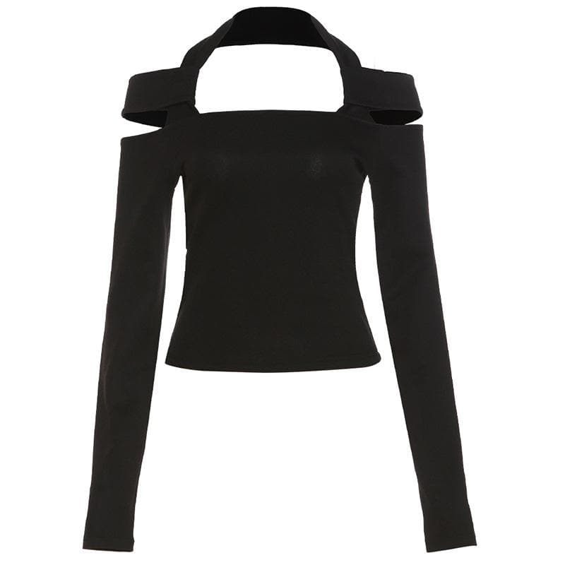 Top con scollo all'americana, maniche lunghe e spalle scoperte