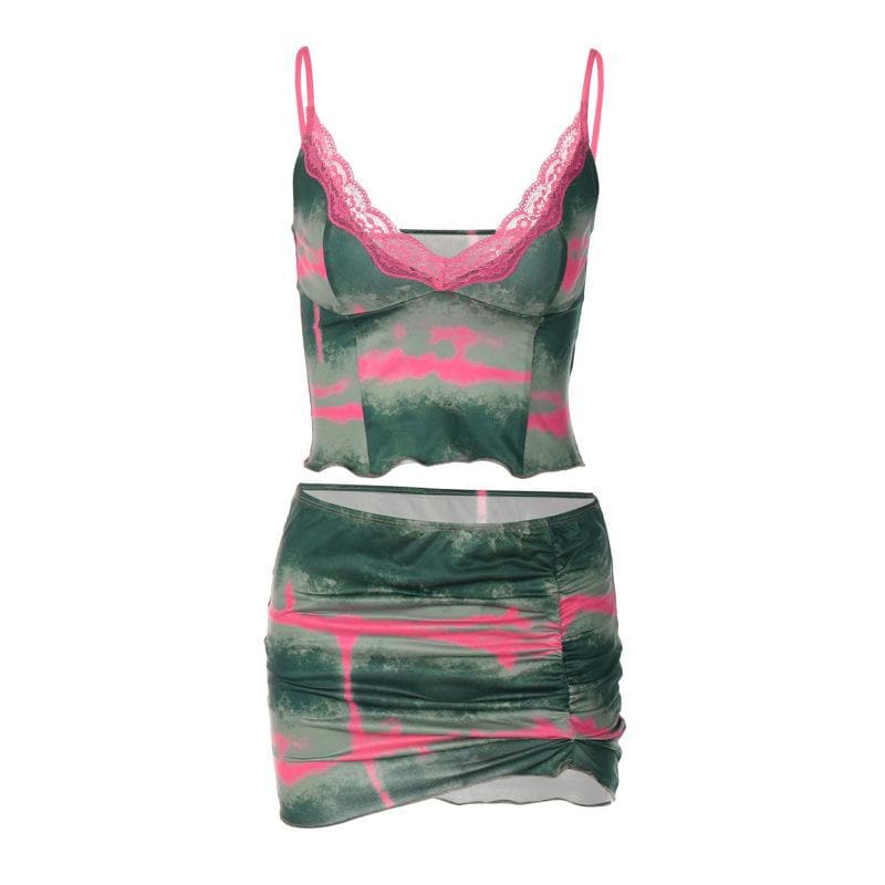 Completo minigonna con scollo a V e orlo in pizzo tie-dye e arricciato